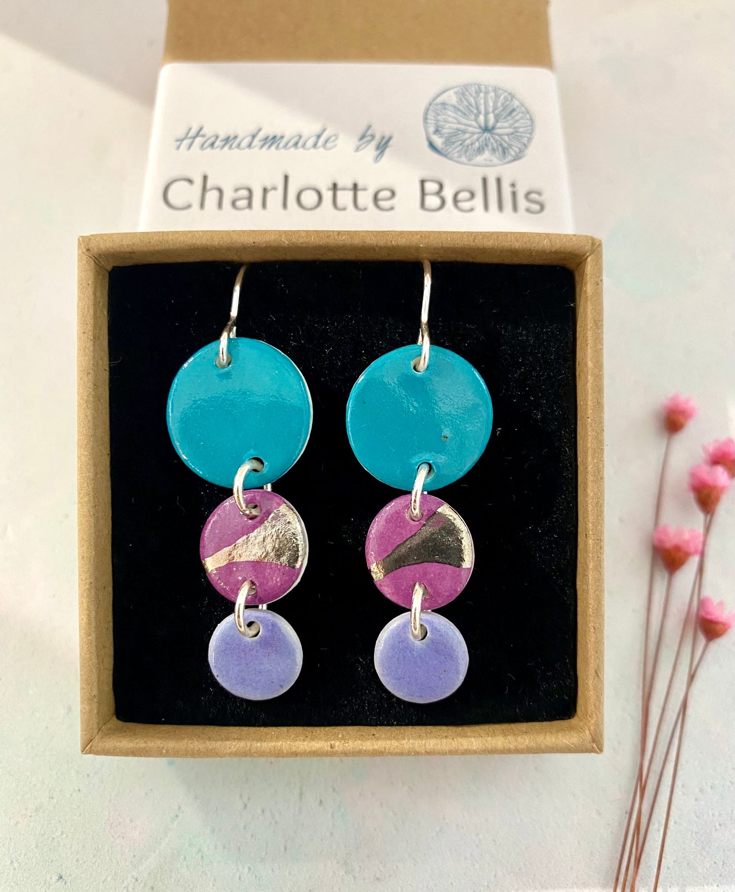 Long Coloured Disc Earrings with Platinum Detailing