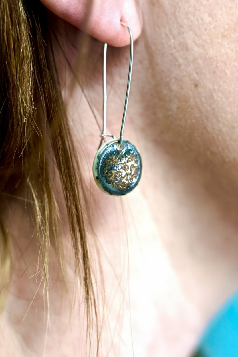 Metallic Disc Earrings on Silver Wire Hoop