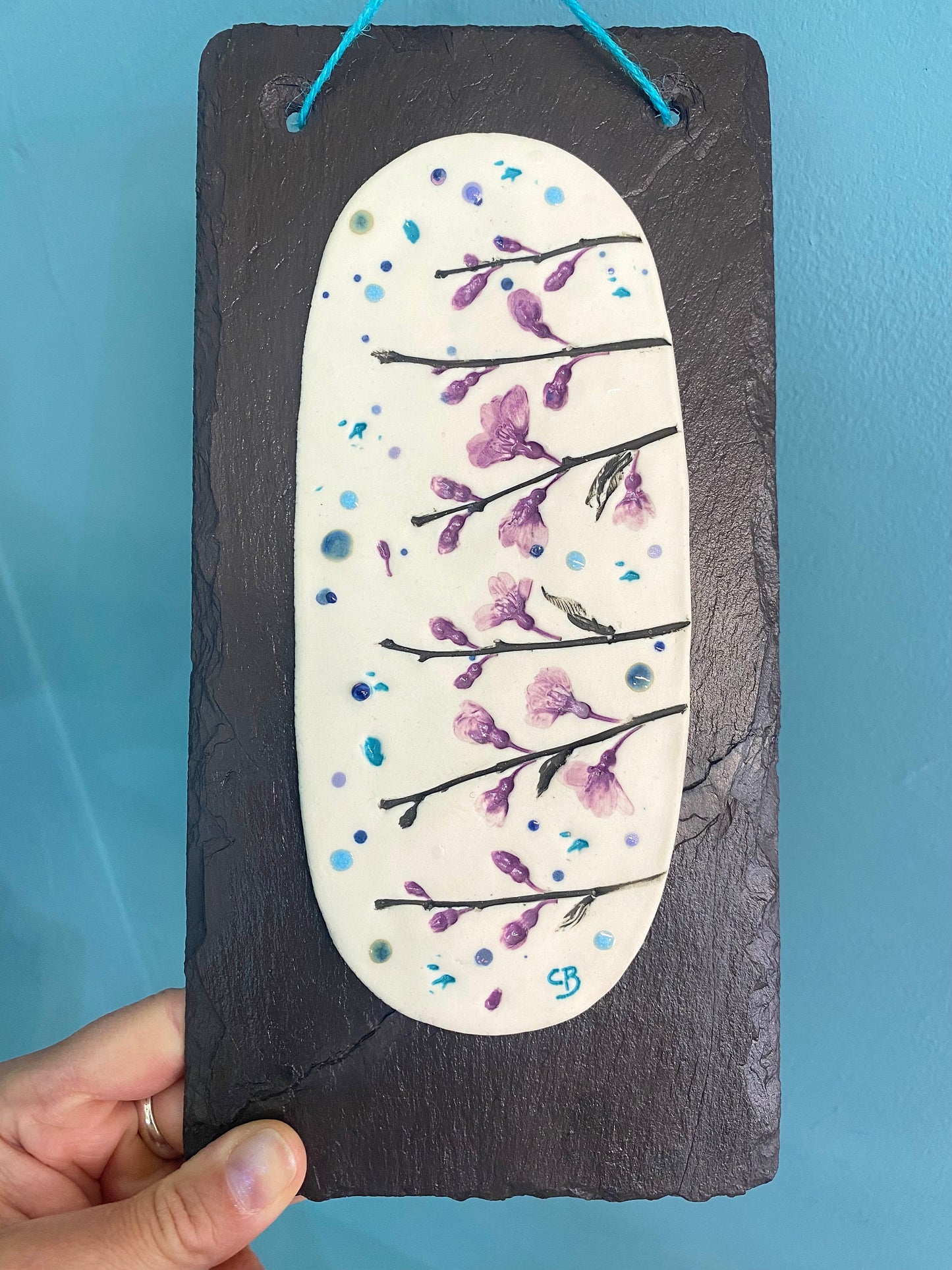 Porcelain Wall Plaque on Welsh Slate- Cherry Blossom (Blodau Ceirios)