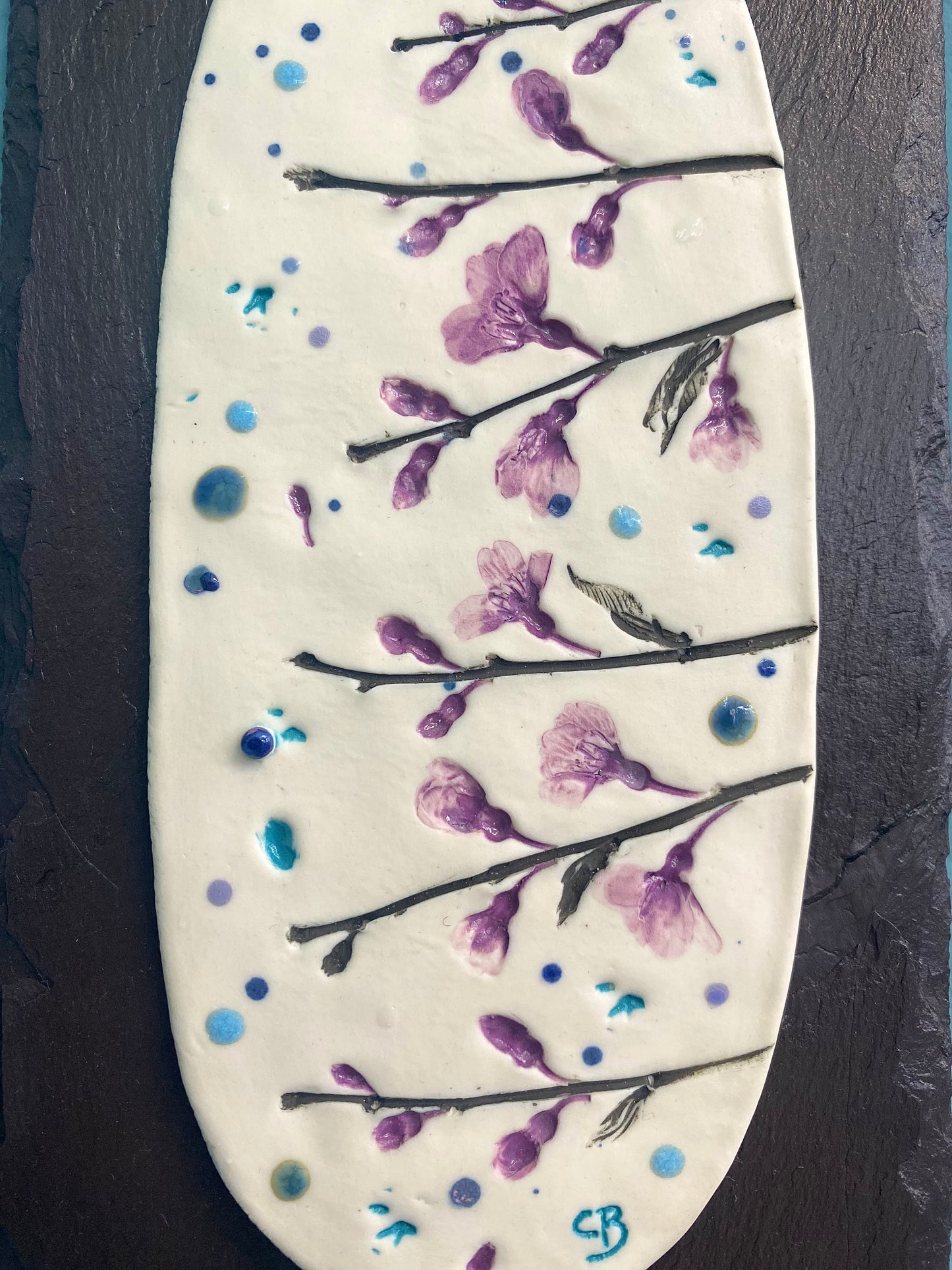 Porcelain Wall Plaque on Welsh Slate- Cherry Blossom (Blodau Ceirios)