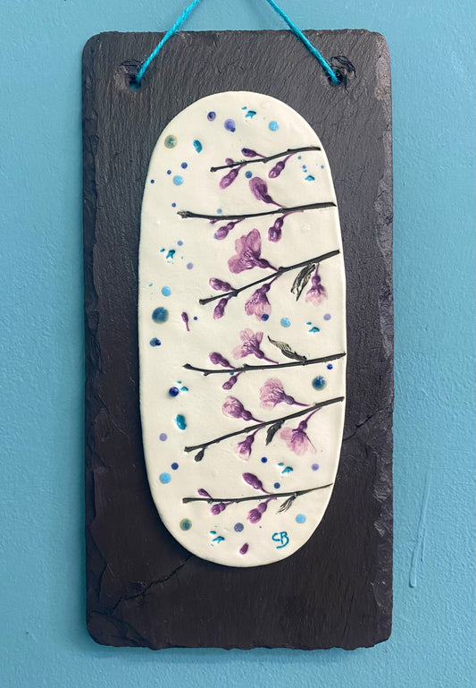 Porcelain Wall Plaque on Welsh Slate- Cherry Blossom (Blodau Ceirios)