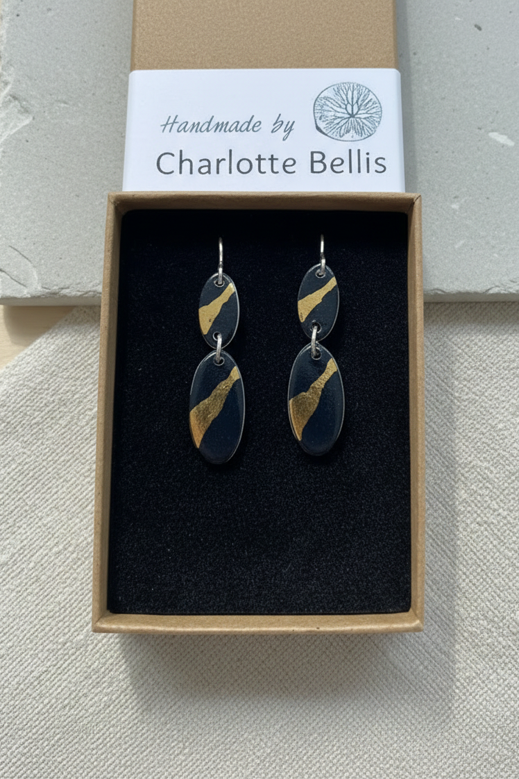 Oval Drop Earrings with 24ct Gold Detailing