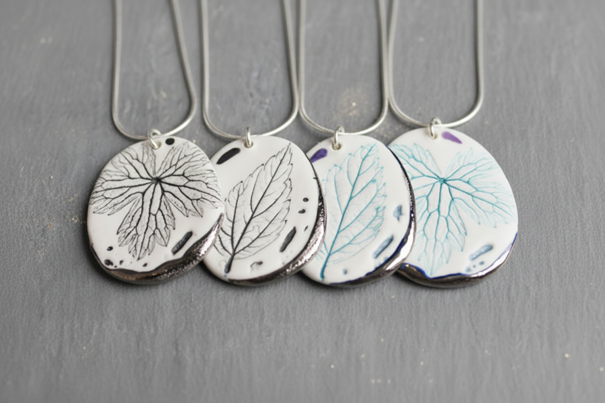 Leaf Print Necklace with Platinum Detailing