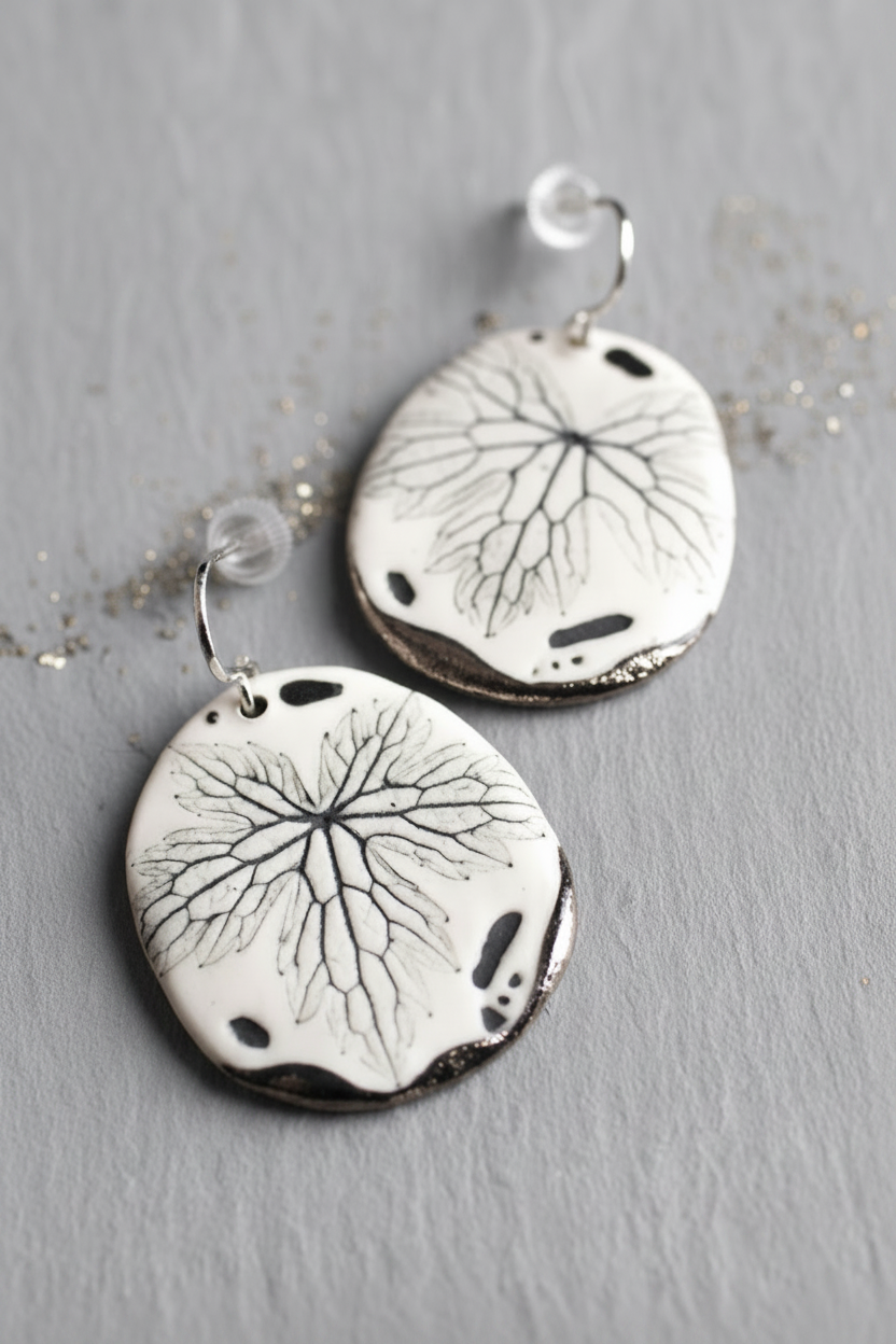 Leaf Print Earrings with Platinum Detailing