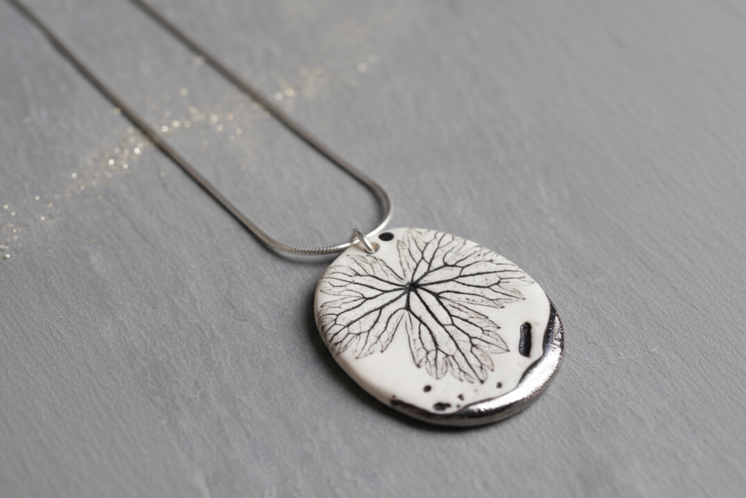 Leaf Print Necklace with Platinum Detailing