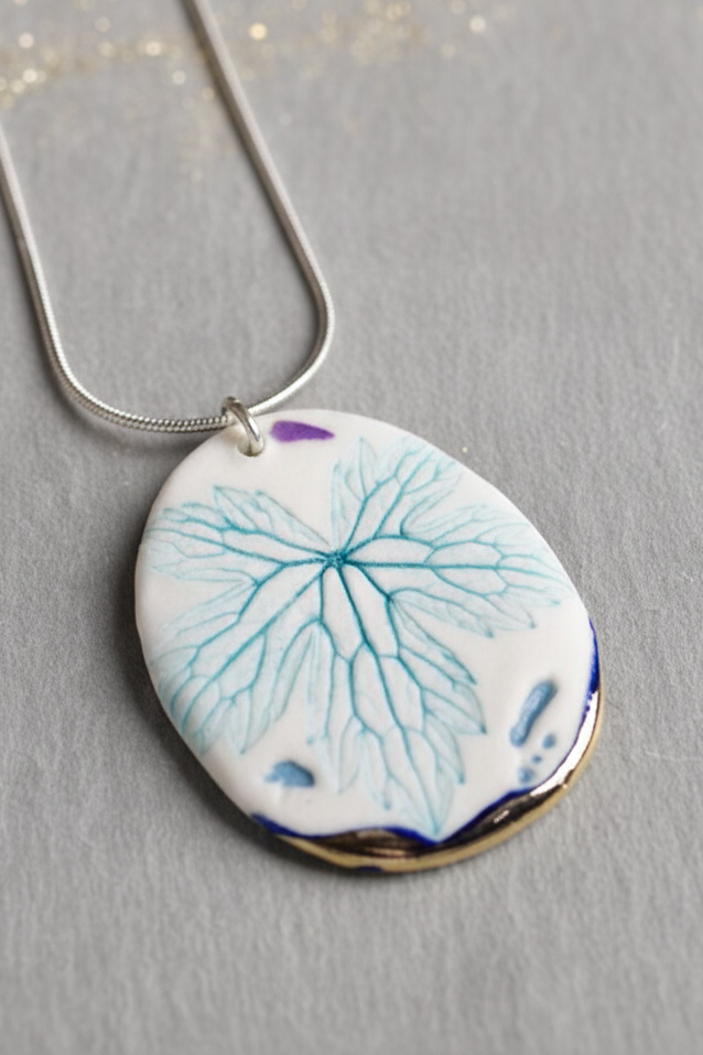 Leaf Print Necklace with Platinum Detailing