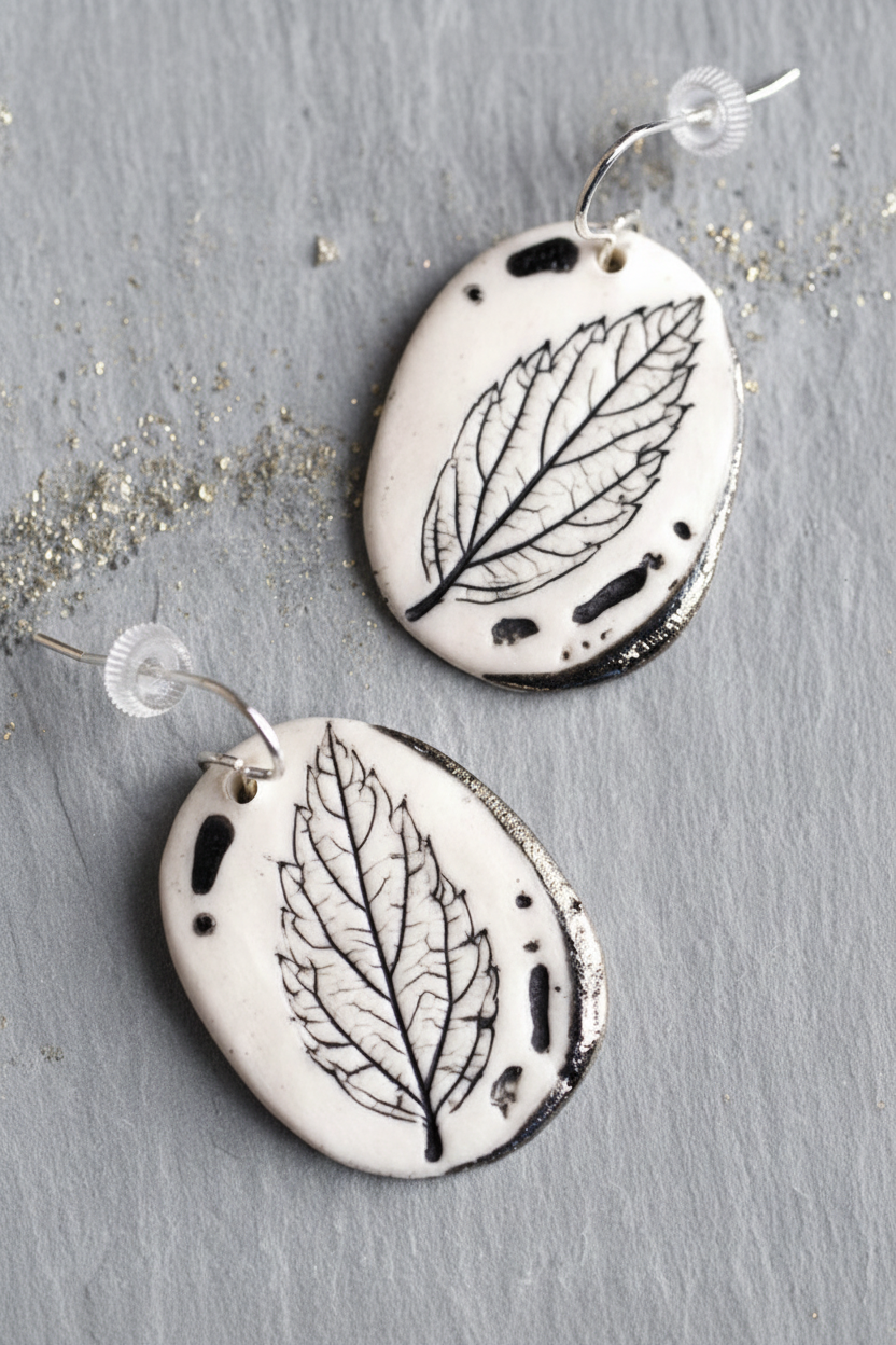 Leaf Print Earrings with Platinum Detailing