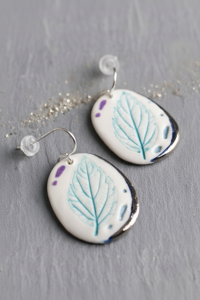 Leaf Print Earrings with Platinum Detailing