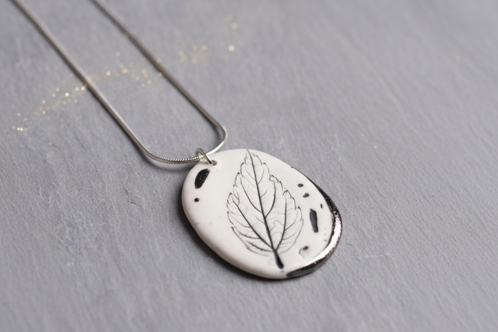 Leaf Print Necklace with Platinum Detailing