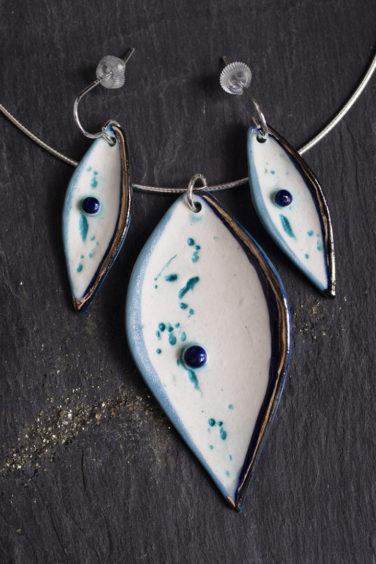 Large Droplet Necklace with Bead and Platinum Detailing