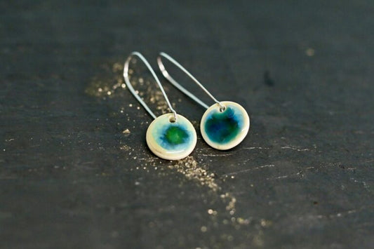 Ocean Glaze Disc Earrings on Silver Wire Hoop