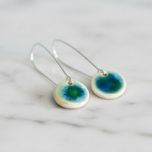 Ocean Glaze Disc Earrings on Silver Wire Hoop