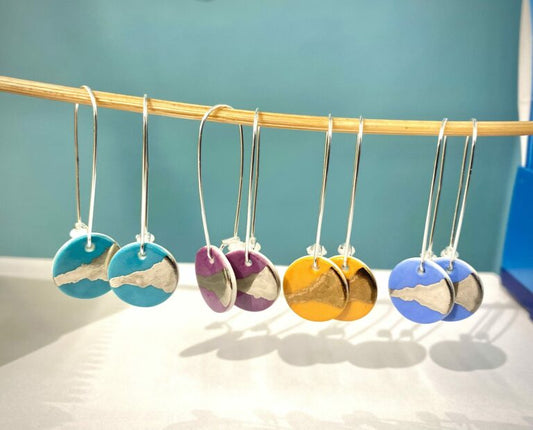 Disc Earrings with Platinum Detailing on Silver Long Hoop