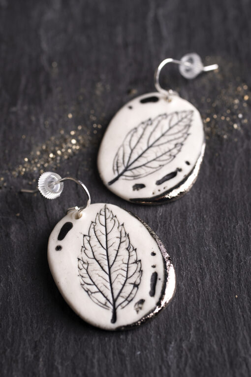 Leaf Print Earrings with Platinum Detailing - Image 2