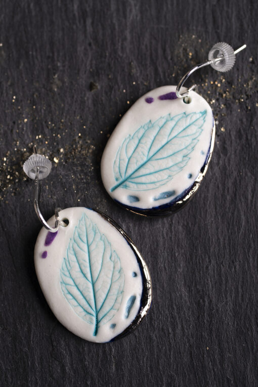 Leaf Print Earrings with Platinum Detailing - Image 3