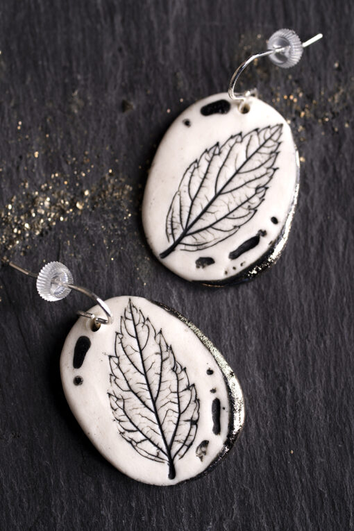 Leaf Print Earrings with Platinum Detailing - Image 4