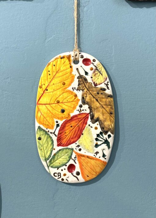 Autumn Leaves Porcelain Plaque with Hessian String