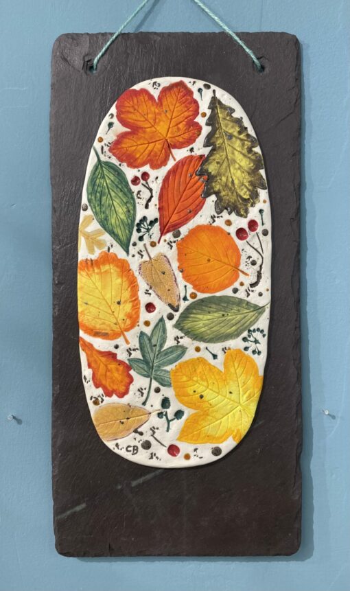 Autumn Leaves Porcelain Wall Plaque On Welsh Slate