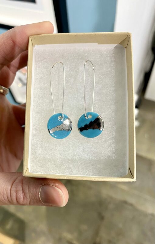 Disc Earrings with Platinum or Copper on Silver Wire Long Hoop - Image 2