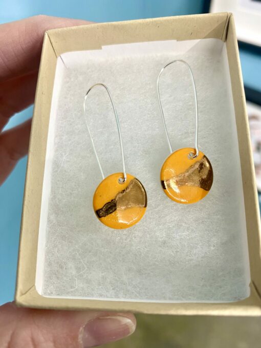 Disc Earrings with Platinum or Copper on Silver Wire Long Hoop - Image 4