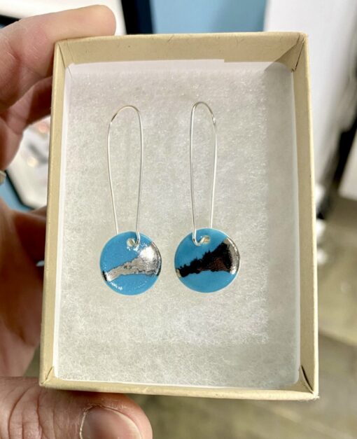 Disc Earrings with Platinum or Copper on Silver Wire Long Hoop - Image 2