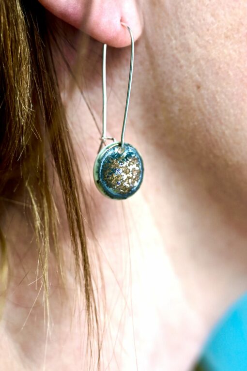 Metallic Disc Earrings on Silver Wire Hoop - Image 2