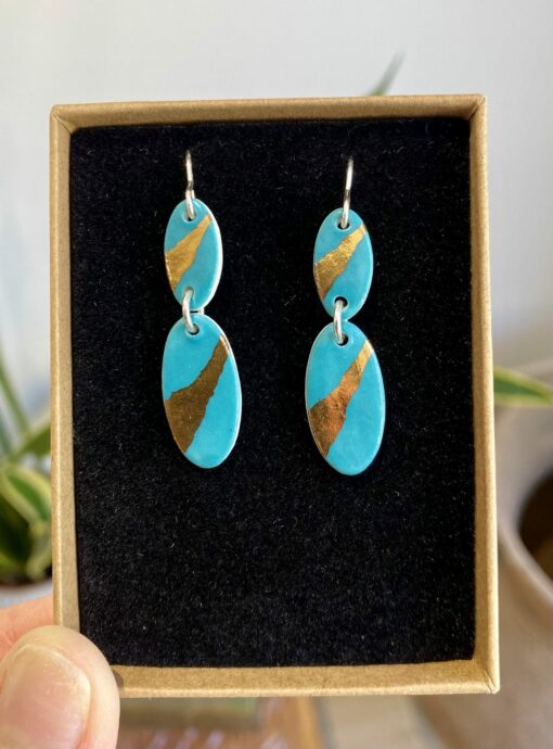 Oval Drop Earrings with 24ct Gold Detailing - Image 2